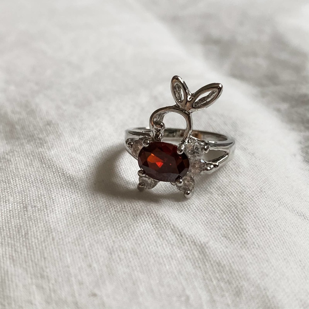 Vtg Silver Bunny Ruby Red Stone Ring - image 4